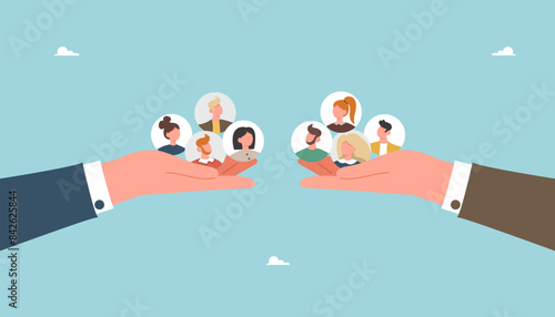 Partnership for workforce distribution, team structure changes to improve efficiency, organization restructuring, teamwork in creating optimal working conditions, big hands holding employee icons.