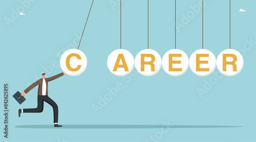 Ladder of success, desire or motivation for high results, achieving goals or heights in work, taking advantage of new opportunities for growth, business development, leader launches balls with career.