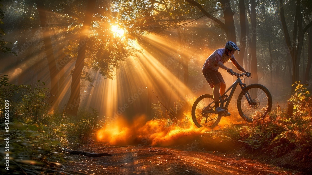 Obraz premium Adventurous mountain biker leaping high in the misty and serene forest landscape