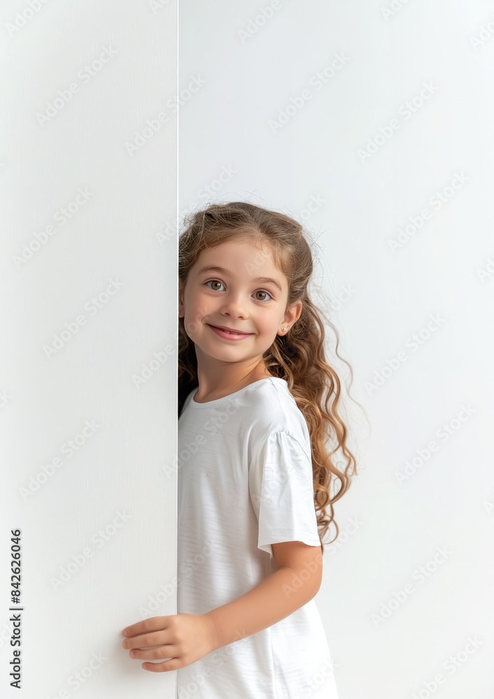 smiling child girl peeks out from behind a white wall, copy space, advertising board, poster, card, children, kid, portrait, blank, layout, paper, banner, mockup, message, template, billboard, show smiling child girl peeks out from behind a white wall, copy space, advertising board, poster, card, children, kid, portrait, blank, layout, paper, banner, mockup, message, template, billboard, show