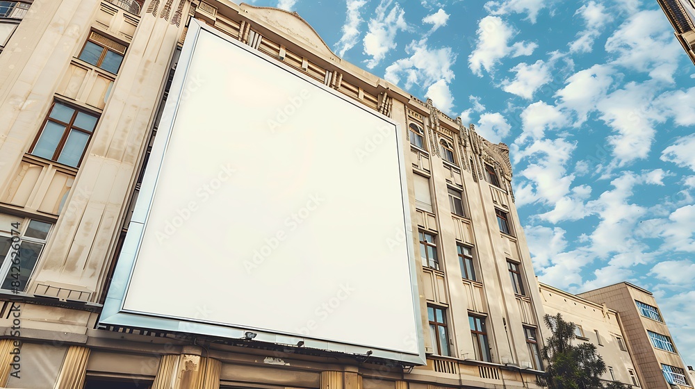 Vertical billboard mounted on an art deco building in a vibrant cultural district. Vertical billboard mounted on an art deco building in a vibrant cultural district.