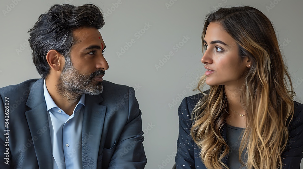 Indian businessman woman strategizing cut out on an isolated minimalistic background Indian businessman woman strategizing cut out on an isolated minimalistic background