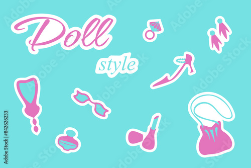 Doll set of pink things for girl, princess. Cute icons collection - shoes, perfumes, bag, ring, mirror, ear rings, glasses, lipstick. Fashion aesthetic accessories
