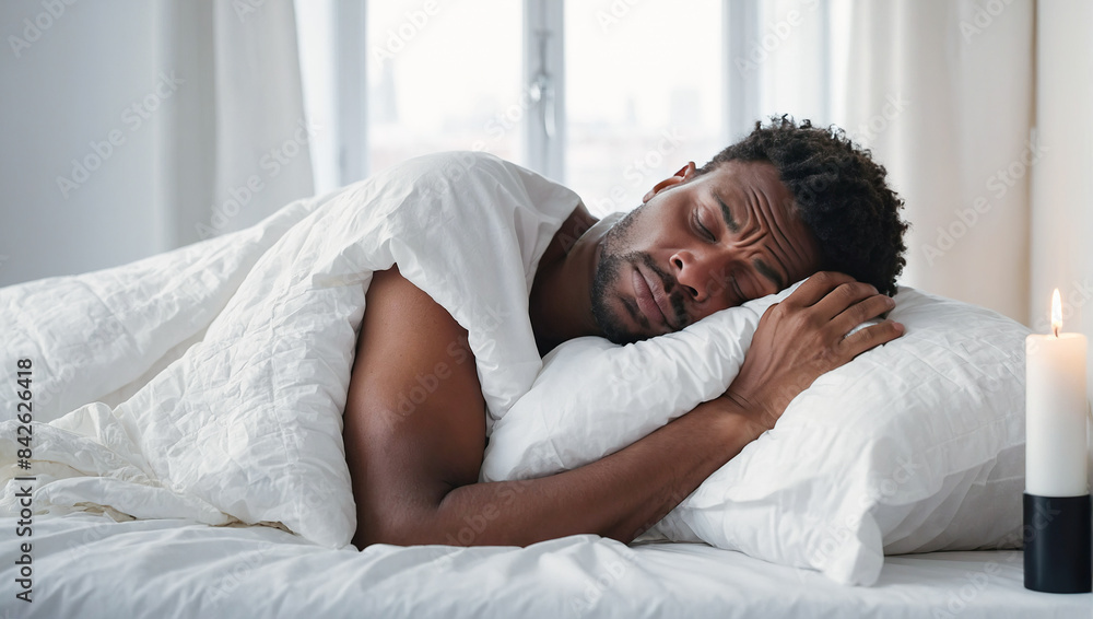 Portrait of a sick or tired African American man lying in a white bed at home. Portrait of a sick or tired African American man lying in a white bed at home.