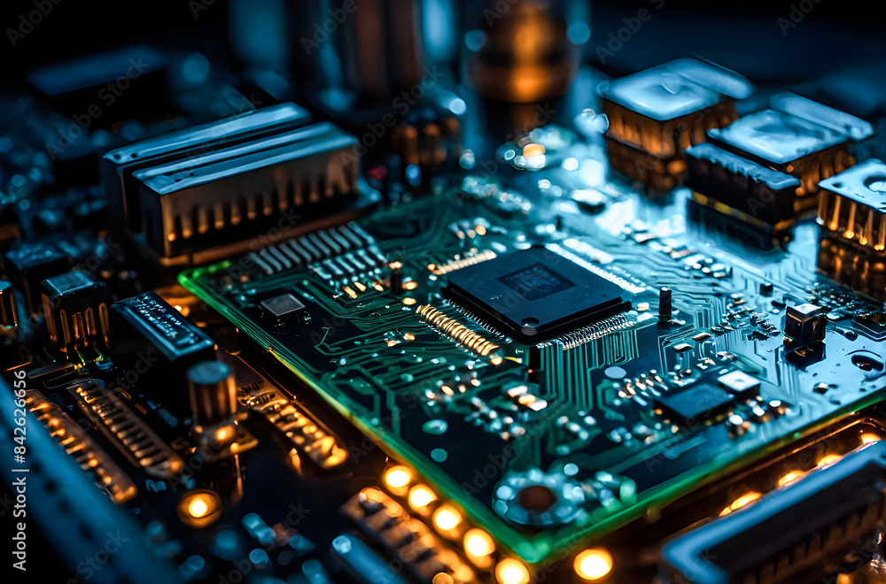 A circuit board with a processor, viewed through a transparent surface with neon lights illuminating the details Generative AI image.
A circuit board with a processor, viewed through a transparent surface with neon lights illuminating the details Generative AI image.