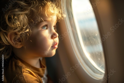 Cute toddler with curly hair looking out airplane window,captured in awe and curiosity during flight photo
