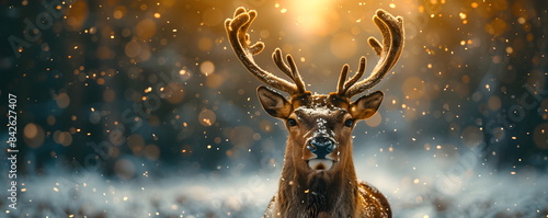 Deer in a magical winter forest. Winter Christmas banner. Free space for text. photo
