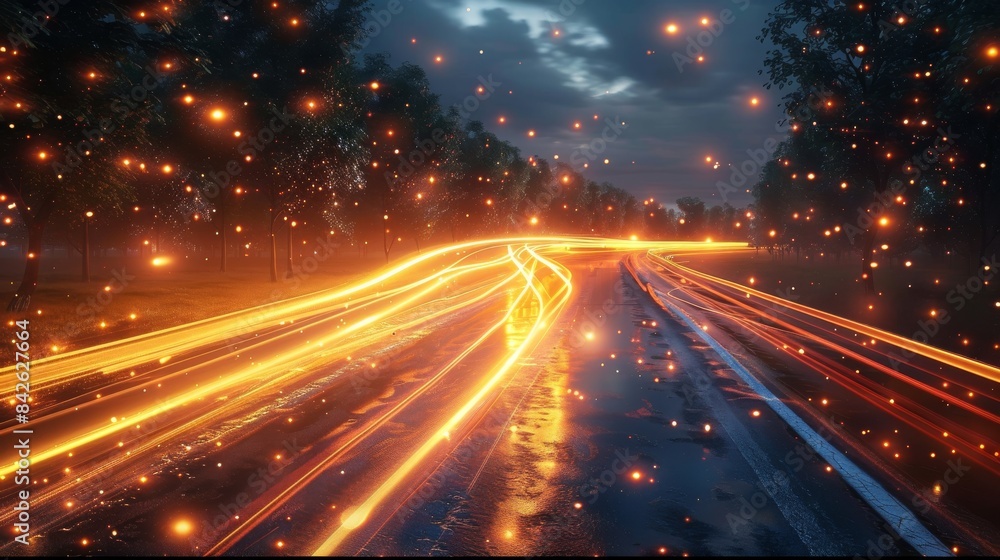 Obraz premium A long exposure shot of a drive at night. Generative AI.