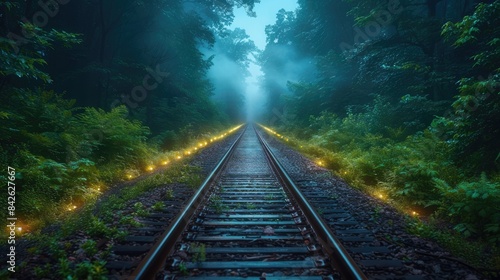 Vintage Railroad Tracks Winding Through Lush Forest Canopy, Nostalgic Journey Along Historic Rail Route 
