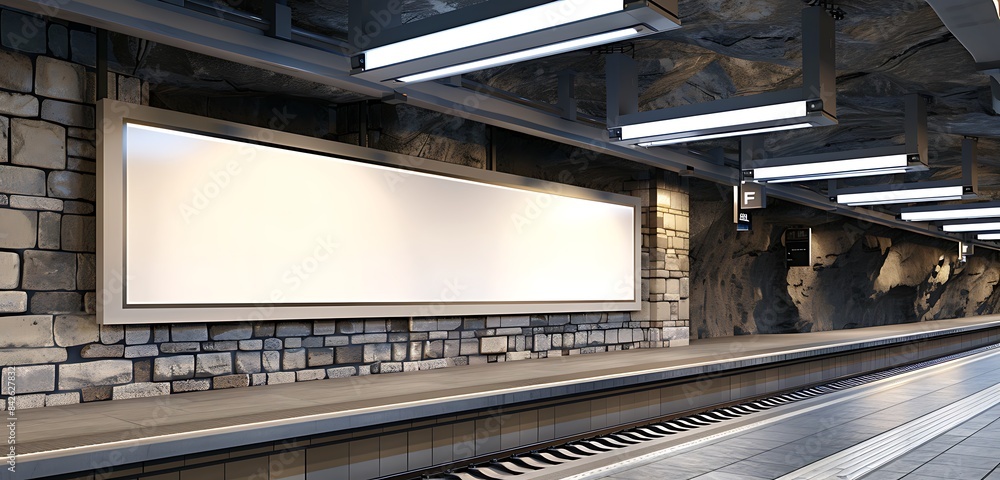 Modern lit subway platform with a long horizontal billboard and stone tile design. Modern lit subway platform with a long horizontal billboard and stone tile design.
