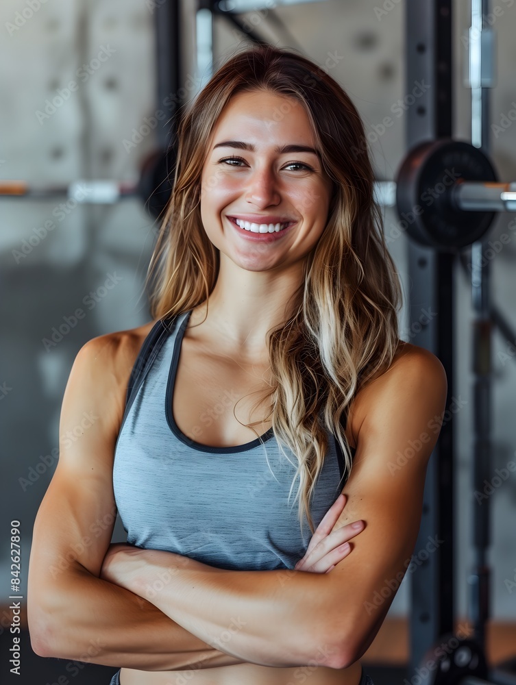 Obraz premium American Female Personal Trainer Smiling with Gym Background