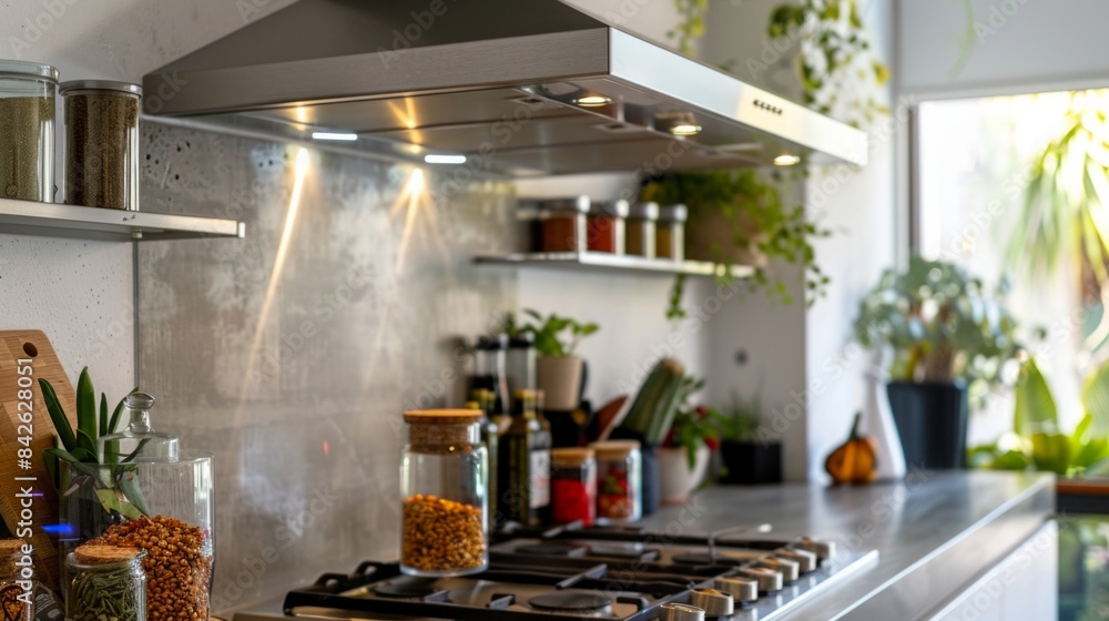 Elegant kitchen interior with modern range hood over cooktop and stylish furniture Elegant kitchen interior with modern range hood over cooktop and stylish furniture