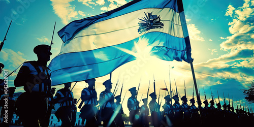 The Blue and White: The Flag of Uruguay with Soldiers in Parade Formation - Picture the flag of Uruguay with soldiers in parade formation
