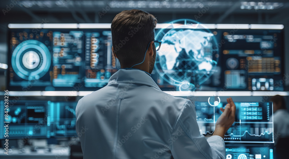 A researcher is looking into new exciting future ideas. science. the office is futuristic and modern using technology. Generative AI. A researcher is looking into new exciting future ideas. science. the office is futuristic and modern using technology. Generative AI.