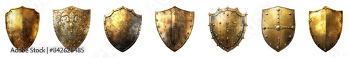 Collection of golden shield, defense protection shield isolated on a transparent background, cut out, PNG