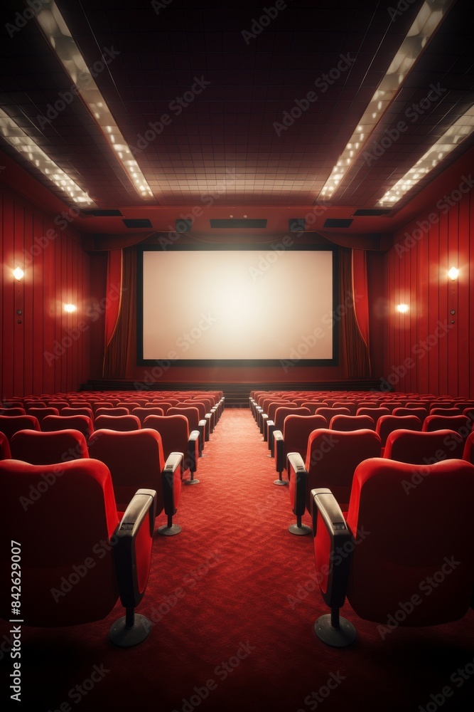 A movie theater with a red curtain and a large screen. The red seats are arranged in rows