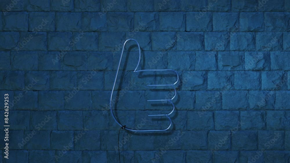 Thumbs up neon sign outline on dark blue brick wall background Thumbs up neon sign outline on dark blue brick wall background