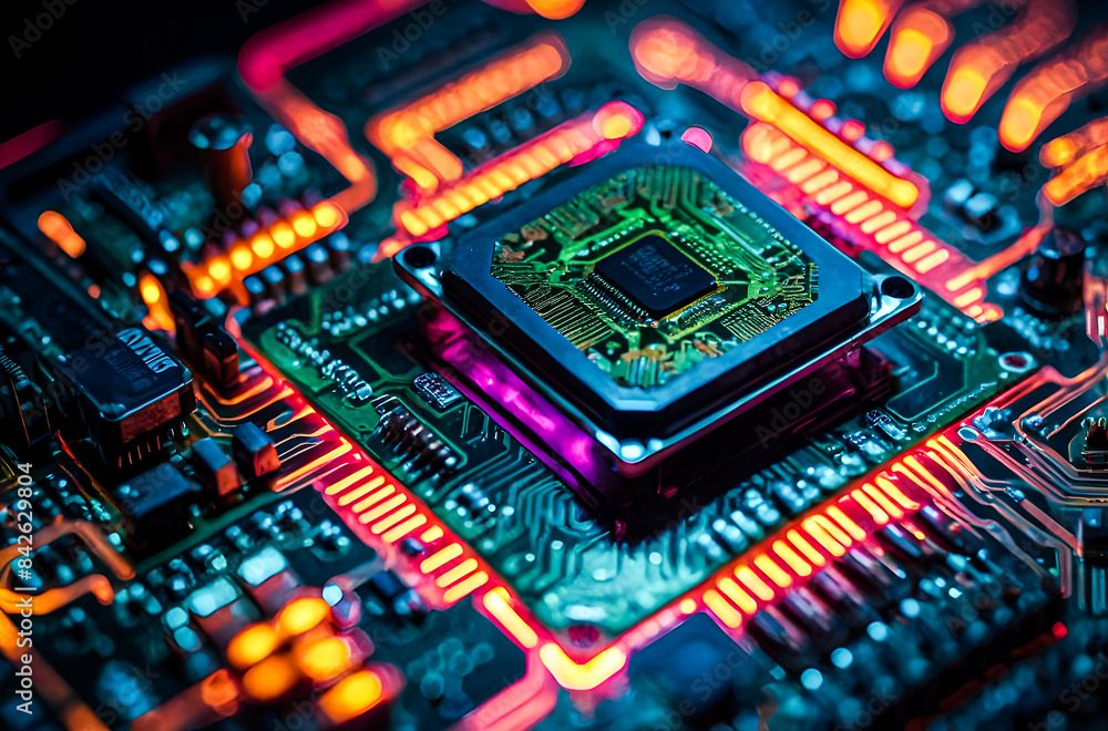 A circuit board with a processor, viewed through a transparent surface with neon lights illuminating the details Generative AI image.
A circuit board with a processor, viewed through a transparent surface with neon lights illuminating the details Generative AI image.