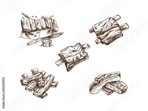 Hand-drawn monochrome vector sketch set of barbecue ribs. Doodle vintage illustration. Decorations for the menu of cafes and labels. Engraved image.