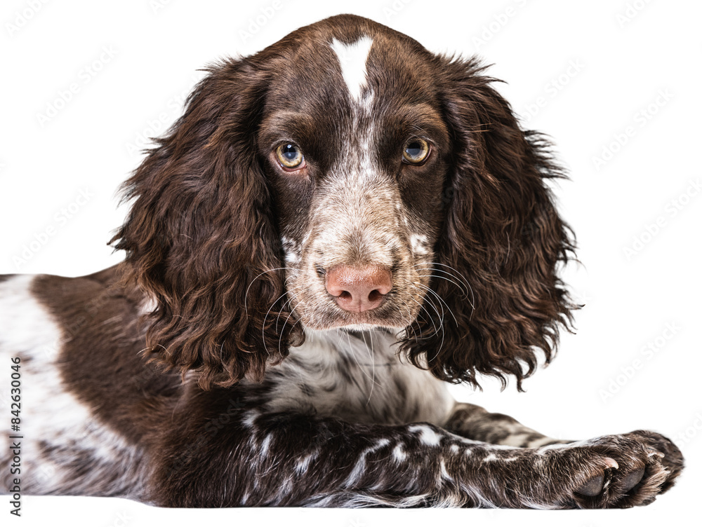 Portrait of purebred English springer spaniel dog lying on floor and looking upwards isolated over grey background. Concept of motion, domestic pets, animal life Portrait of purebred English springer spaniel dog lying on floor and looking upwards isolated over grey background. Concept of motion, domestic pets, animal life