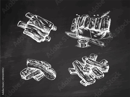 Hand-drawn monochrome vector sketch set of barbecue ribs. Doodle vintage illustration. Decorations for the menu of cafes and labels. Engraved image on chalkboard background.