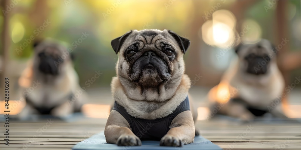 Pugs in athletic attire demonstrate yoga poses highlighting flexibility ...