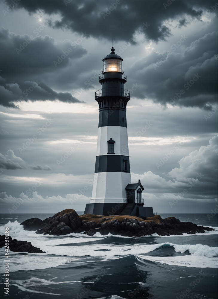 Naklejka premium lighthouse under a dark cloudy sky