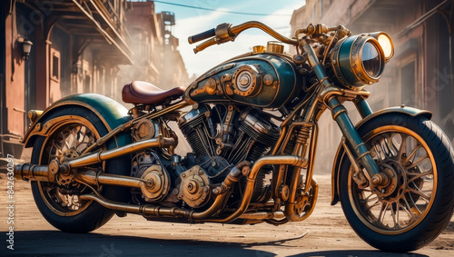A custom motorcycle in an authentic creative workshop. Motorcycle in vintage steampunk style