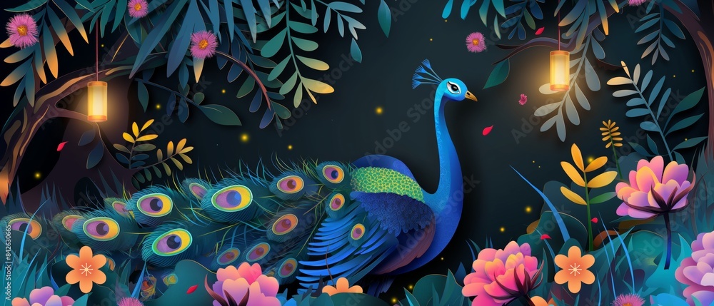 Obraz premium paper craft cartoon illustration, elegance whimsical peacock in enchanted forest 