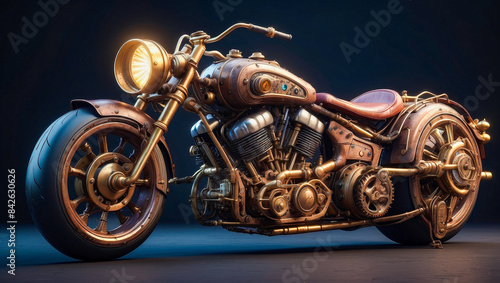 A custom motorcycle in an authentic creative workshop. Motorcycle in vintage steampunk style © Uri