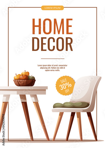 Flyer design with dining table and chairs. Home interior, furniture, dining room, kitchen, cafe concept. Vector illustration for banner, advertising, promo.