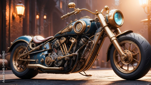 A custom motorcycle in an authentic creative workshop. Motorcycle in vintage steampunk style