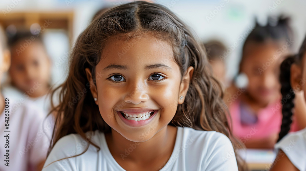 Happy smiling African American school girl sitting in the school cafeteria with classmates and eating lunch. Education, school concept. Happy smiling African American school girl sitting in the school cafeteria with classmates and eating lunch. Education, school concept.