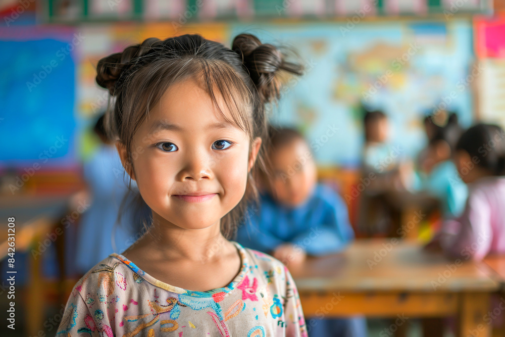 Smiling Asian schoolgirl sitting at the desk in classroom. Elementary school, education concept. Back to school. Smiling Asian schoolgirl sitting at the desk in classroom. Elementary school, education concept. Back to school.