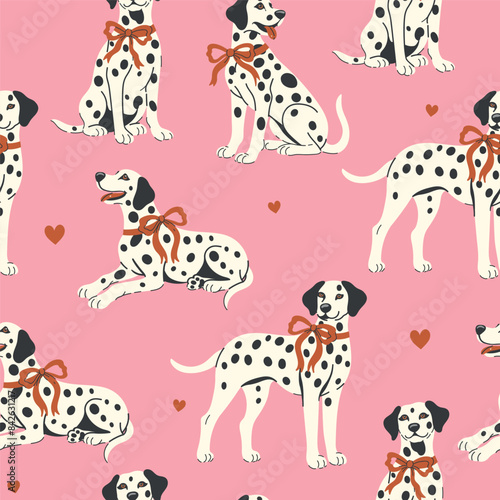 Seamless pattern with Dalmatian dogs with red ribbons on their necks on a pink background. Vector graphics.