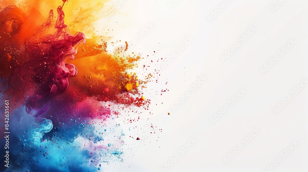 Explosive Burst of Colorful Dry Pigments in Mid-Air Against White Background Explosive Burst of Colorful Dry Pigments in Mid-Air Against White Background