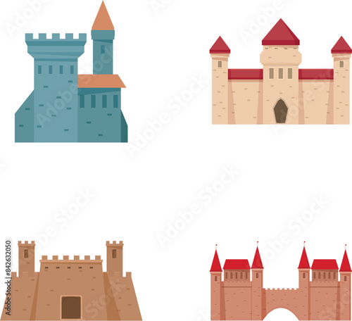 Set of four cartoonstyle medieval castles isolated on white background