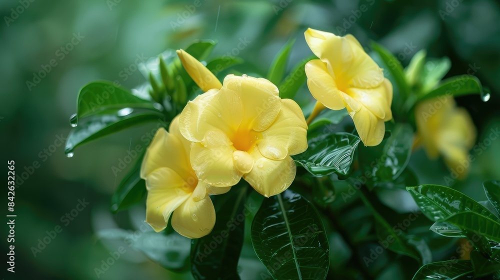 Allamanda flower with yellow blossoms and green foliage Allamanda flower with yellow blossoms and green foliage