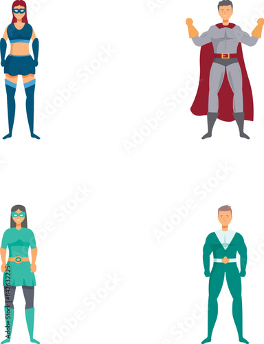 Collection of four diverse cartoon superheroes, each posing confidently in their unique outfits