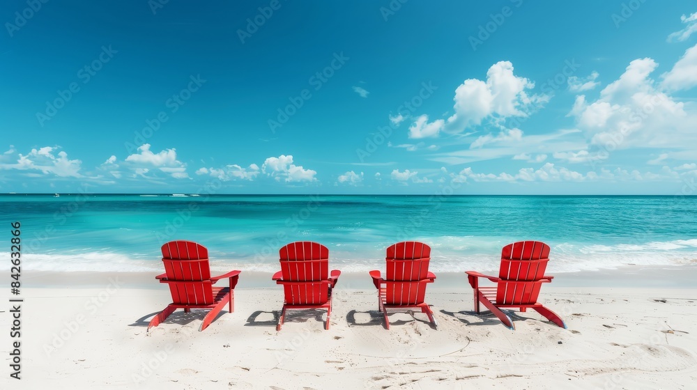 Four red chairs on a sandy beach facing the ocean under a blue sky with clouds. Summer vacation and travel concept. Four red chairs on a sandy beach facing the ocean under a blue sky with clouds. Summer vacation and travel concept.