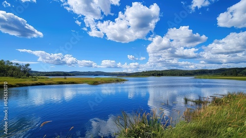 Blue sky overlooking a freshwater body