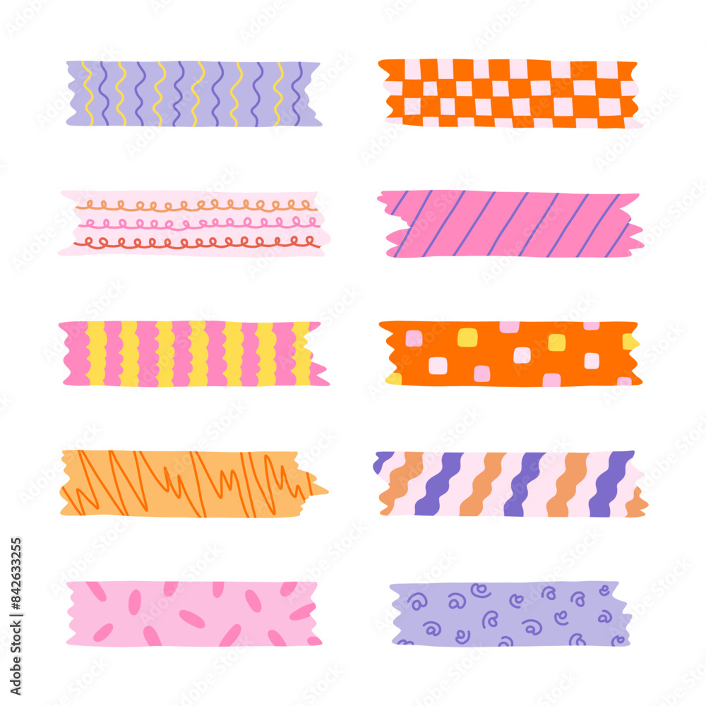 Cartoon set of washi tape stripes with squiggle, geometry and cute pattern. Vector adhesive tapes with colorful hand drawn memphis ornament. Trendy decorative scotch tape with ragged edges. Cartoon set of washi tape stripes with squiggle, geometry and cute pattern. Vector adhesive tapes with colorful hand drawn memphis ornament. Trendy decorative scotch tape with ragged edges.