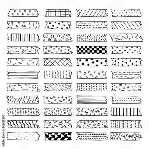 Big doodle set of washi tape stripes with squiggle, geometry, cute pattern. Adhesive tape with black and white ornament. Trendy decorative scotch tape with ragged edges for scrapbook, planner, design.
