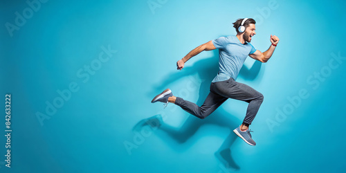 person jumping on blue background