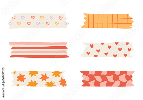 Cartoon set of washi tape stripes with squiggle, geometry and cute pattern. Vector adhesive tapes with colorful hand drawn memphis ornament. Trendy decorative scotch tape with ragged edges.
