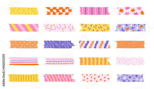 Big cartoon set of washi tape stripes with squiggle, geometry and cute pattern. Vector adhesive tapes with colorful hand drawn memphis ornament. Trendy decorative scotch tape with ragged edges.