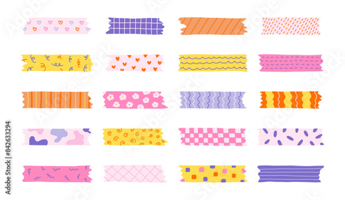 Big cartoon set of washi tape stripes with squiggle, geometry and cute pattern. Vector adhesive tapes with colorful hand drawn memphis ornament. Trendy decorative scotch tape with ragged edges.