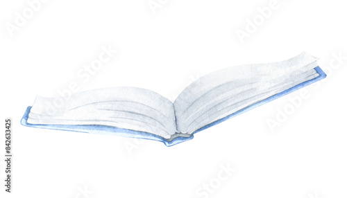 The book is open, I am reading a book, a diary, a notebook, a blue school notebook. Vintage watercolor illustration hand drawn