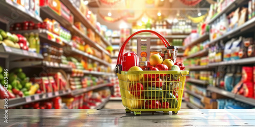 Shopping cart filled with a variety of fresh groceries in a supermarket aisle. The cart contains fruits, vegetables, meats, canned goods, photo