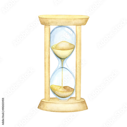 Watercolor vintage wooden hourglass with flowing sand illustration. Hand painted old traditional sandglass clipart element isolated on white background. Decorative watch object for design, scrapbook.